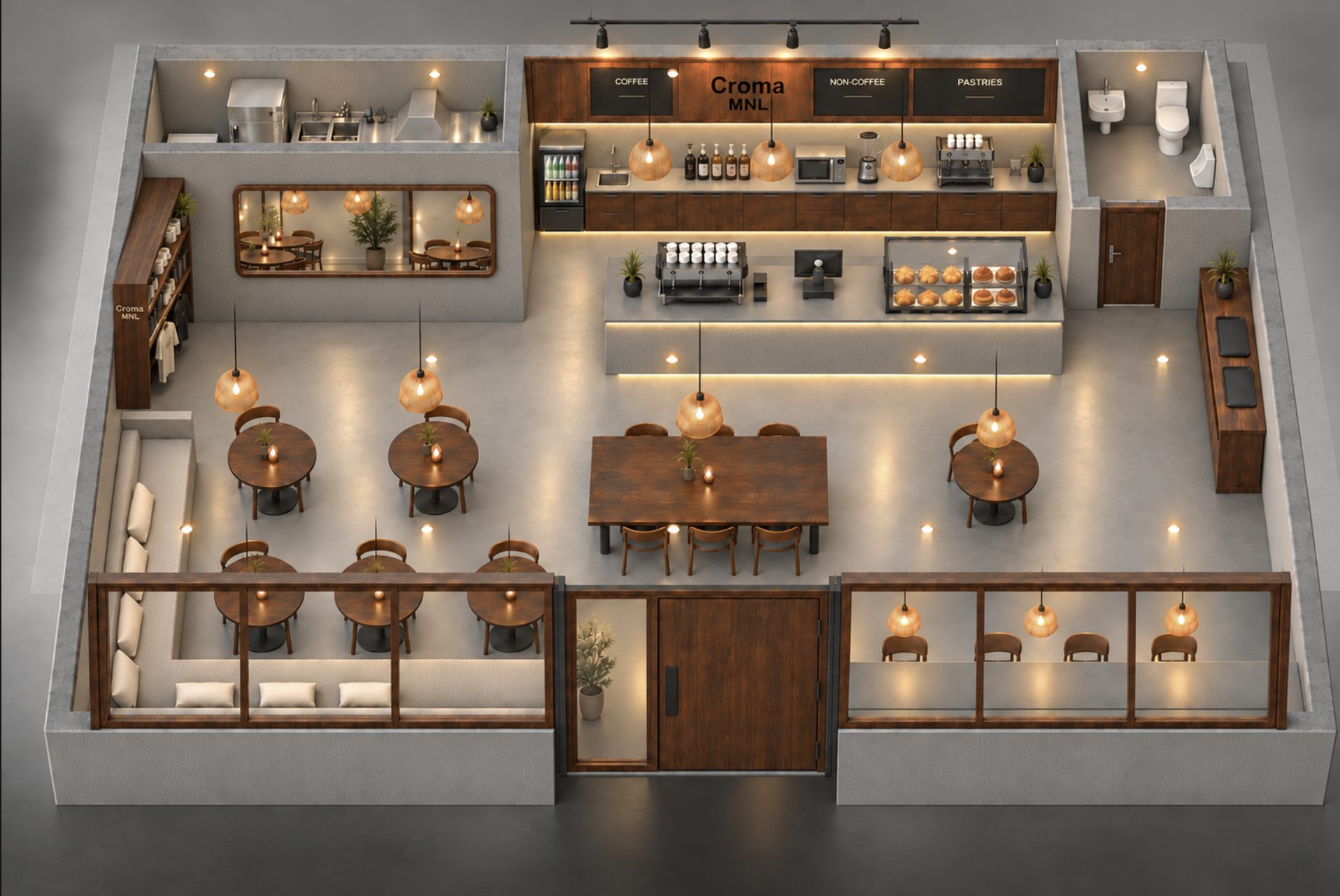 3D view of Croma MNL from above: a work counter along the front window, a long shared table in the middle, small round tables and a cushioned bench on the left, and the coffee counter at the back.